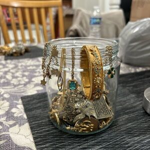 gold tone mystery jewelry jar